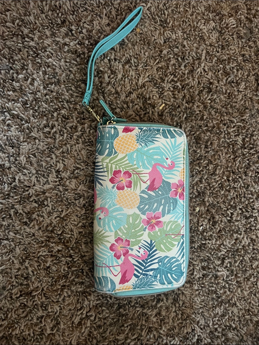 Tropical Flamingo Print Wristlet Wallet - Teal Pink
